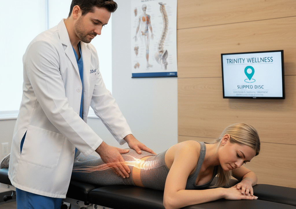 A chiropractor doing chiropractic treatment for slipped disc
