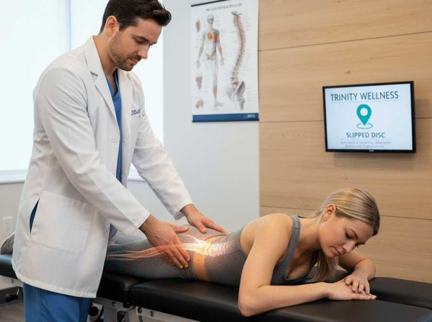 A chiropractor doing chiropractic treatment for slipped disc